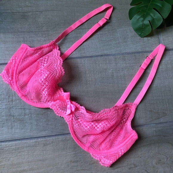 NWOT ASOS unlined Unpadded underwire neon pink lace bra. Size 32C - Picture 1 of 5